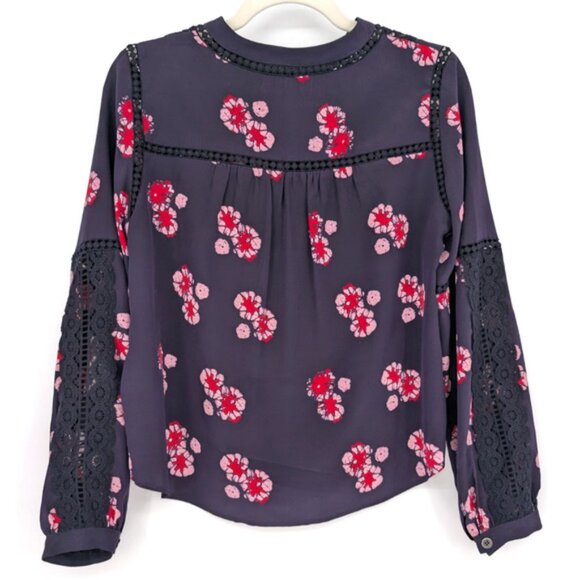 Sea New York Navy Silk Floral Lace Panel Button Up Coquette Blouse Size 2 - Picture 6 of 9